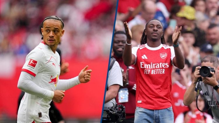 Split image - Xavi Simons playing for RB Leipzig and new signing Eberechi Eze of Arsenal is presented to the fans