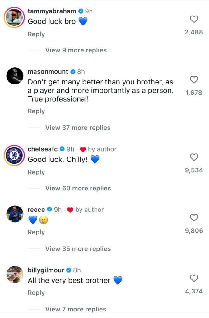Mason Mount, Tammy Abraham, Reece James and Billy Gilmour respond to Ben Chilwell on Instagram.