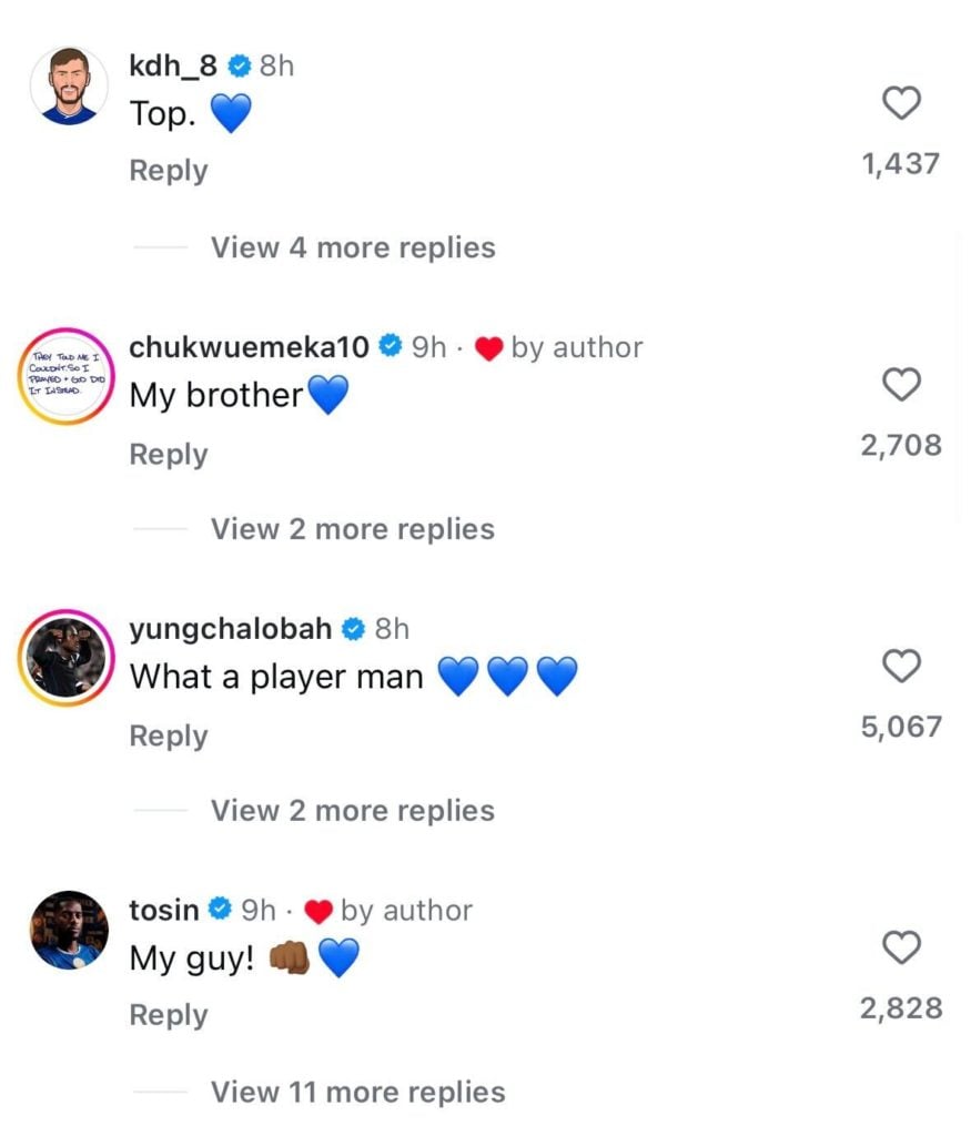 Kiernan Dewsbury-Hall, Carney Chukwuemeka, Trevoh Chalobah and Tosin Adarabioyo respond to Ben Chilwell on Instagram.