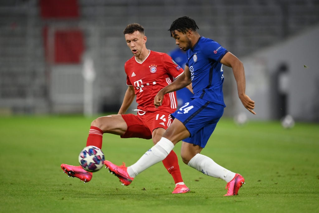 Reece James and Ivan Perisic battle for possession during FC Bayern Muenchen v Chelsea FC - UEFA Champions League Round of 16: Second Leg