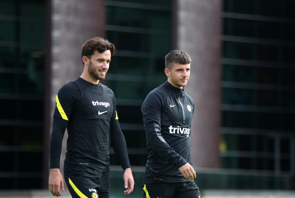 Ben Chilwell and Mason Mount walk out for Chelsea training at Cobham.