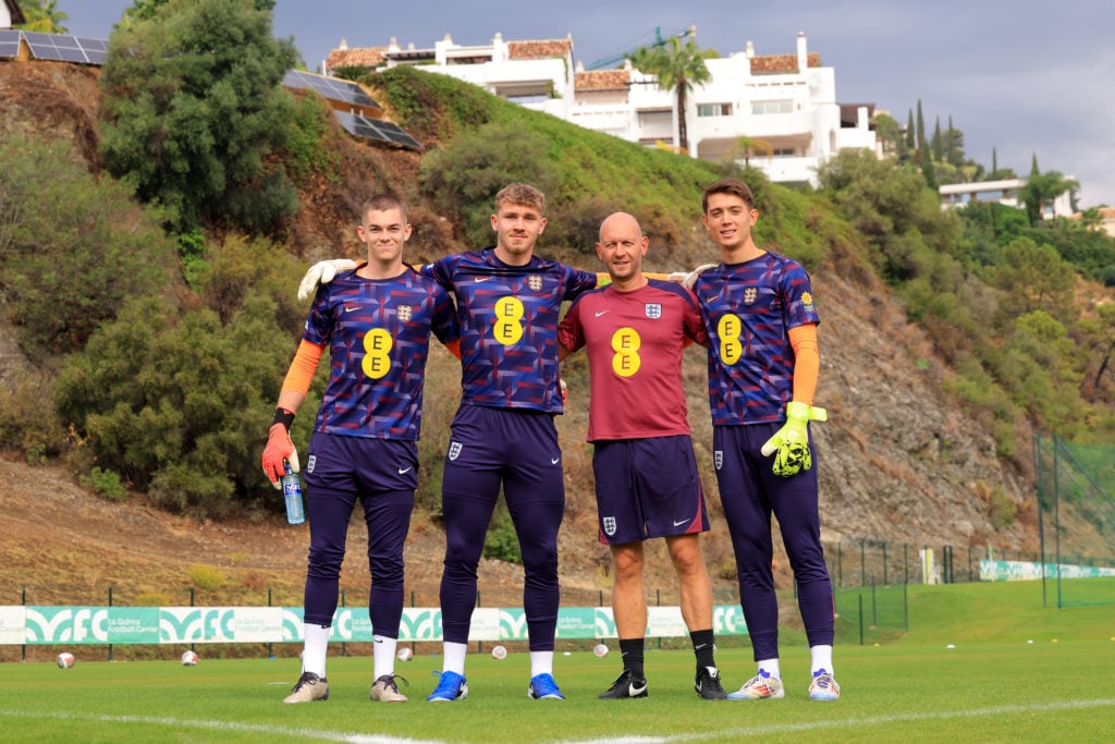 England goalkeeper goalkeepers Matthew Young, Ted Curd and Finlay Herrick pose for facing France in an U19s match.