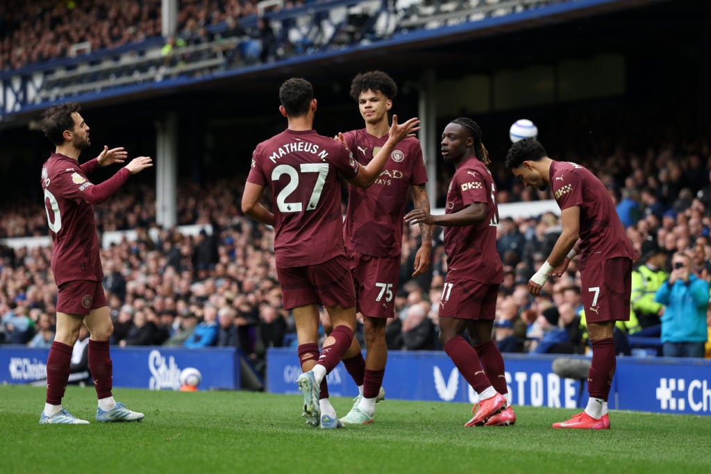 Nico O'Reilly celebrates scoring for Manchester City against Everton in the Premier League.