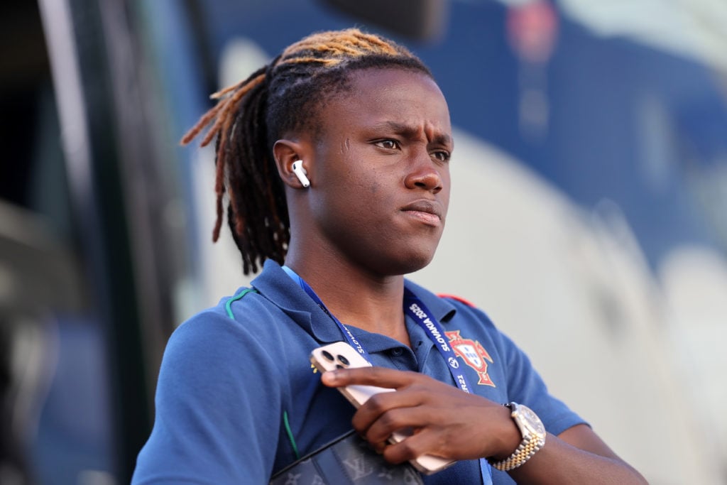 Geovany Quenda arrives ahead of Portugal against the Netherlands at Euro U21s tournament.