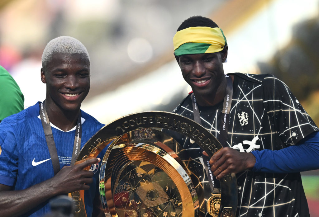 Nicolas Jackson and Moises Caicedo pose after Chelsea FC v Paris Saint-Germain: Final - FIFA Club World Cup 2025