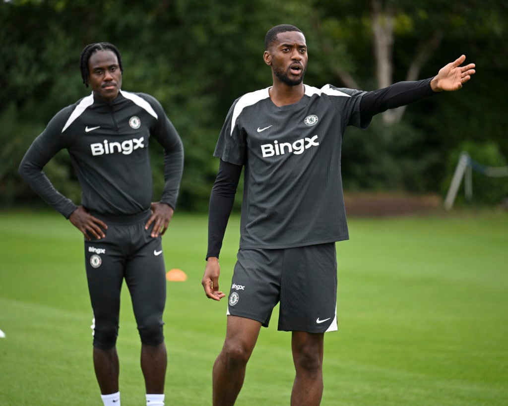 Trevoh Chalobah and Tosin Adarabioyo of Chelsea during a training session at Chelsea
