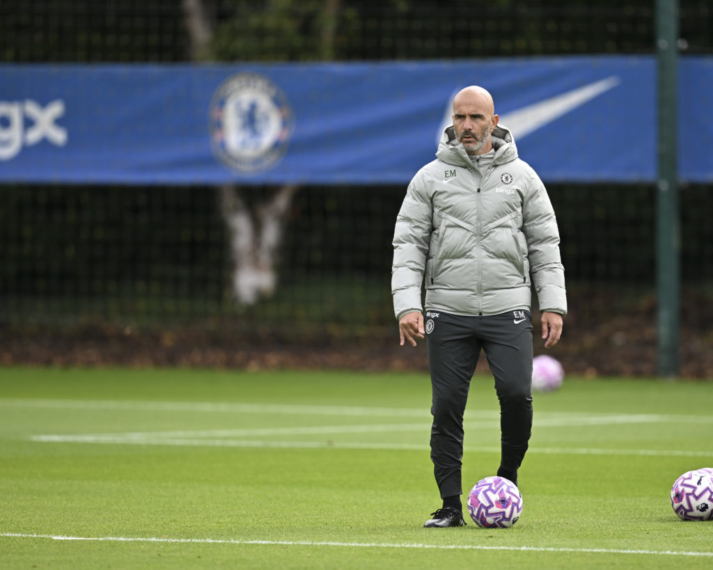 Chelsea manager Enzo Maresca with a football on the training ground at Cobham.
