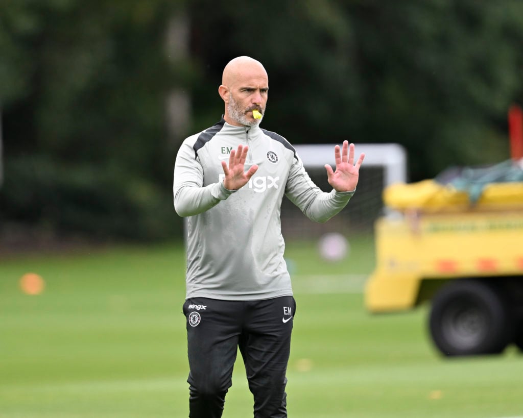 Enzo Maresca issues instructions during Chelsea Training Session And Press Conference