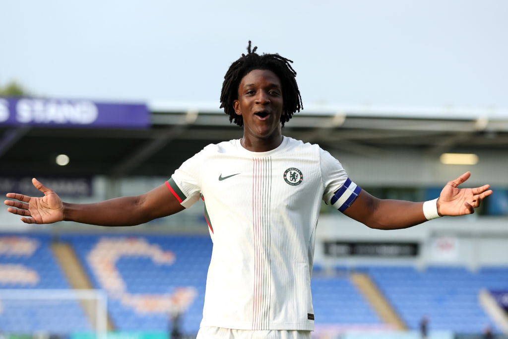 Shumaira Mheuka celebrates scoring for Chelsea's Under-21s side against Shrewsbury Town.
