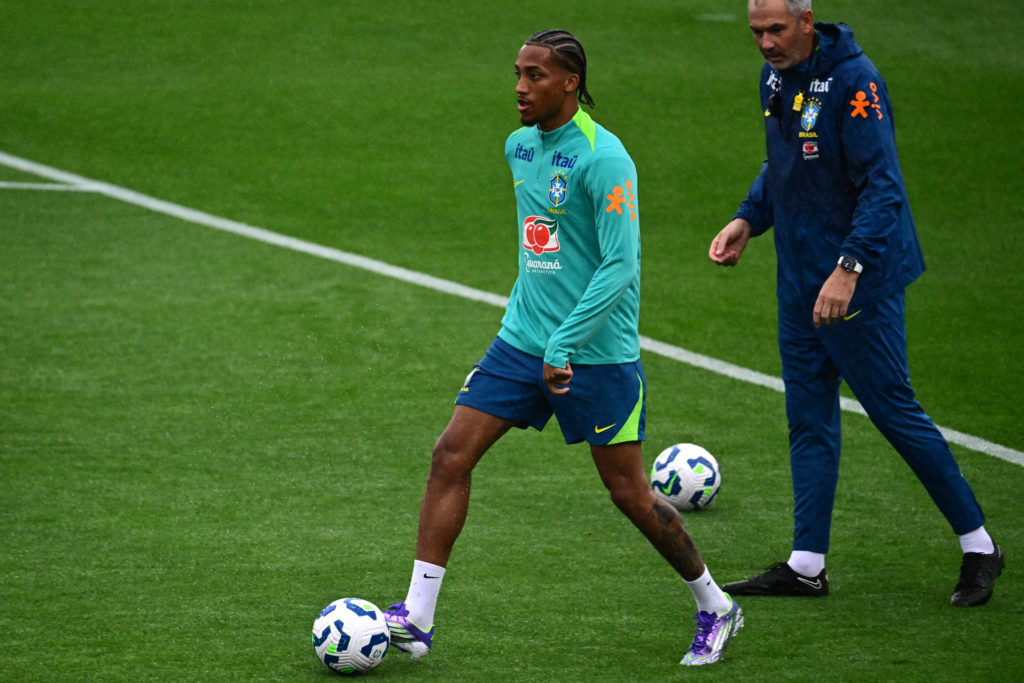 Chelsea attacker Joao Pedro takes part in a training session for the Brazilian national team.