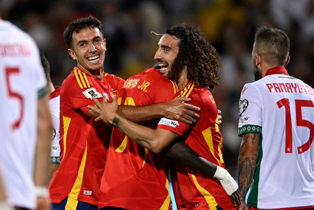 Marc Cucurella celebrates scoring for Spain against Bulgaria in a World Cup qualifier.