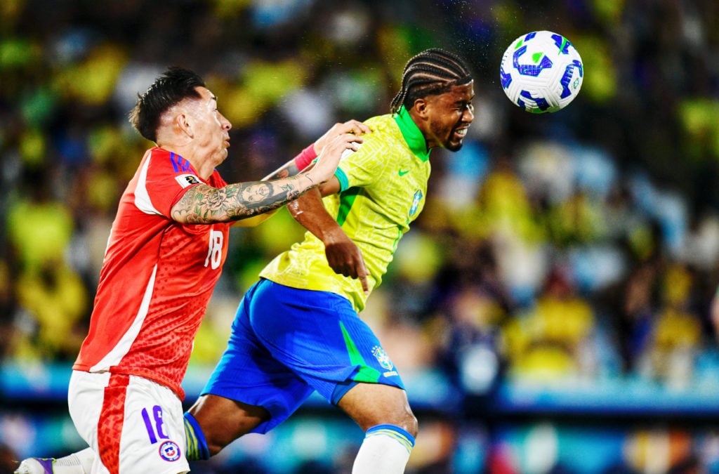 Andrey Santos heads the ball during Brazil v Chile - FIFA World Cup 2026 Qualifier