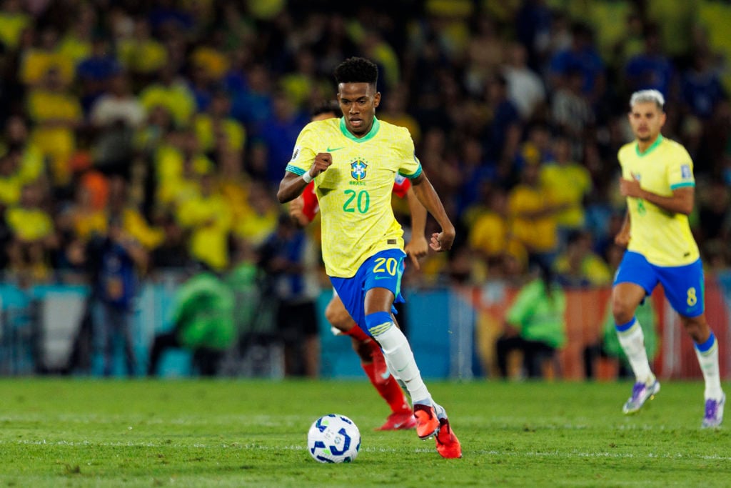 Estevao Willian dribbling for Brazil against Chile in a World Cup qualifier.