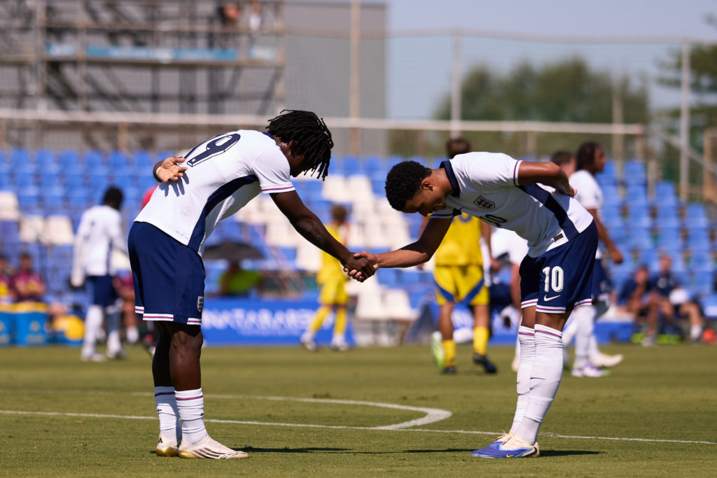 Shumaira Mheuka celebrates scoring for England's U19s side against Ukraine U19s.
