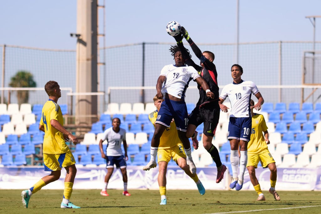Chelsea striker Shumaira Mheuka playing for England against Ukraine in a Under-19s international match.