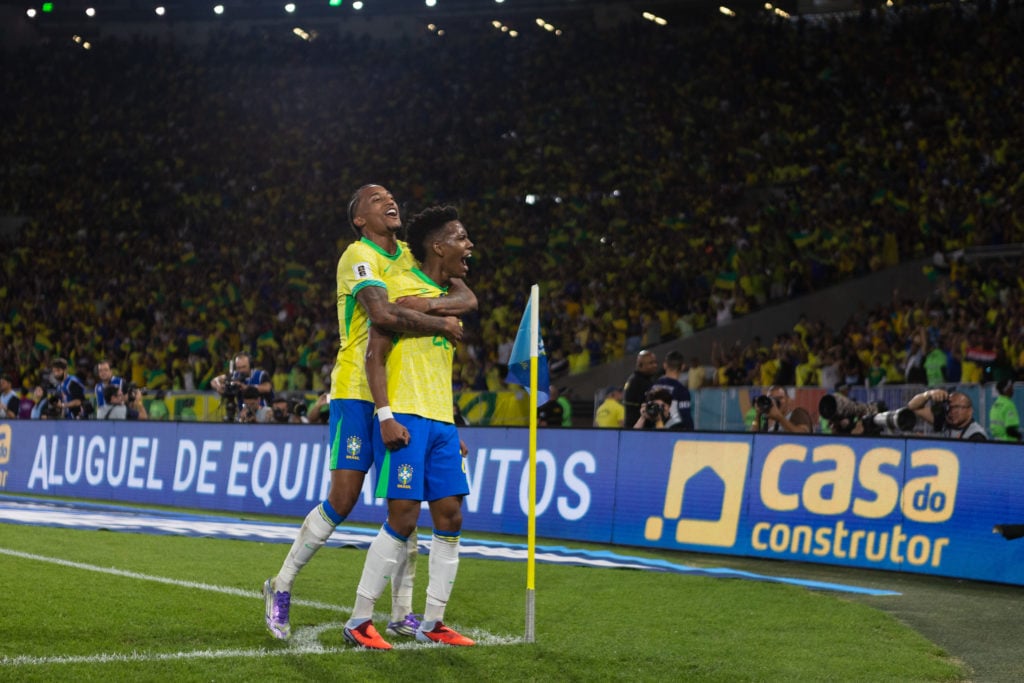 Joao Pedro and Estevao Willian celebrate during Brazil against Chile in a World Cup qualifier.