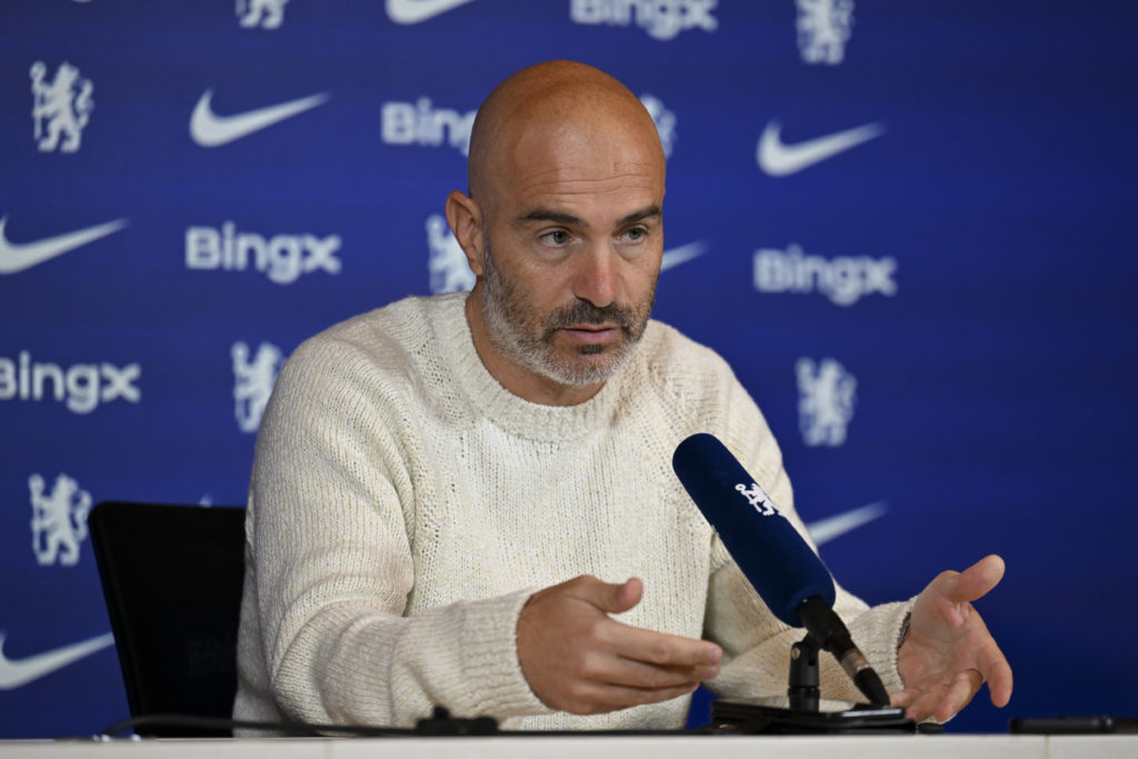 Enzo Maresca speaks to the media during Chelsea Training Session and Press Conference