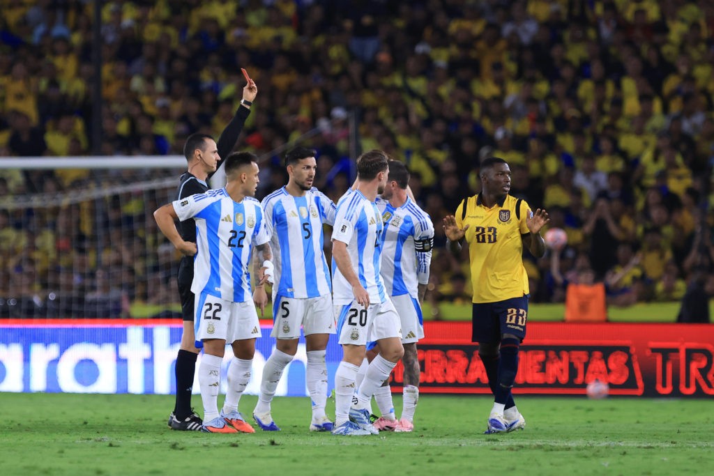 Ecuador midfielder Moises Caicedo is sent off