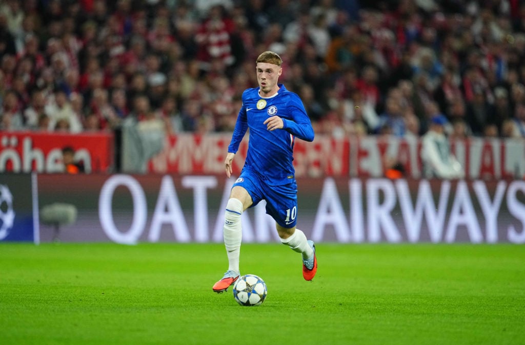 Chelsea star Cole Palmer dribbling against Bayern Munich in the Champions League.