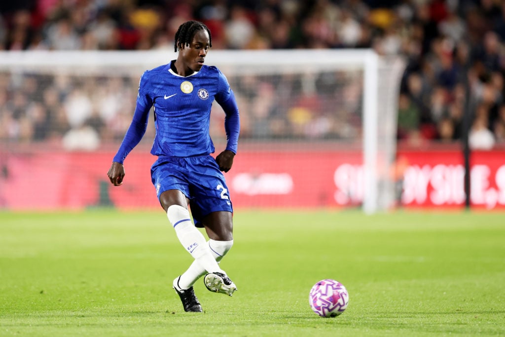 Trevoh Chalobah passes the ball during Chelsea against Brentford in the Premier League.