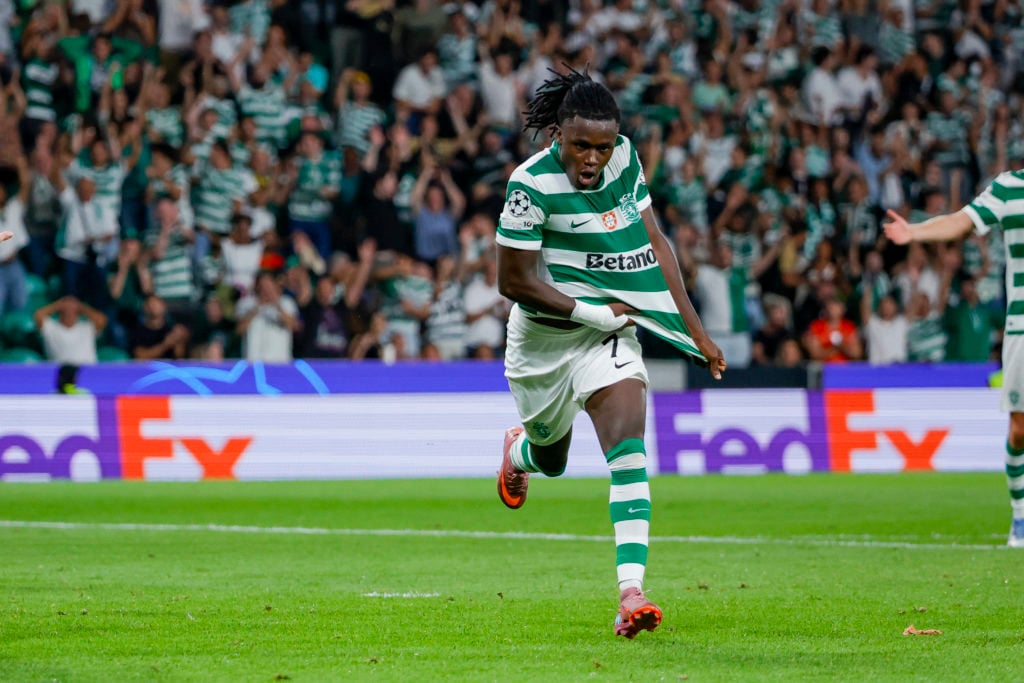 Geovany Quenda celebrates scoring for Sporting CP at home to Kairat Almaty in the Champions League.