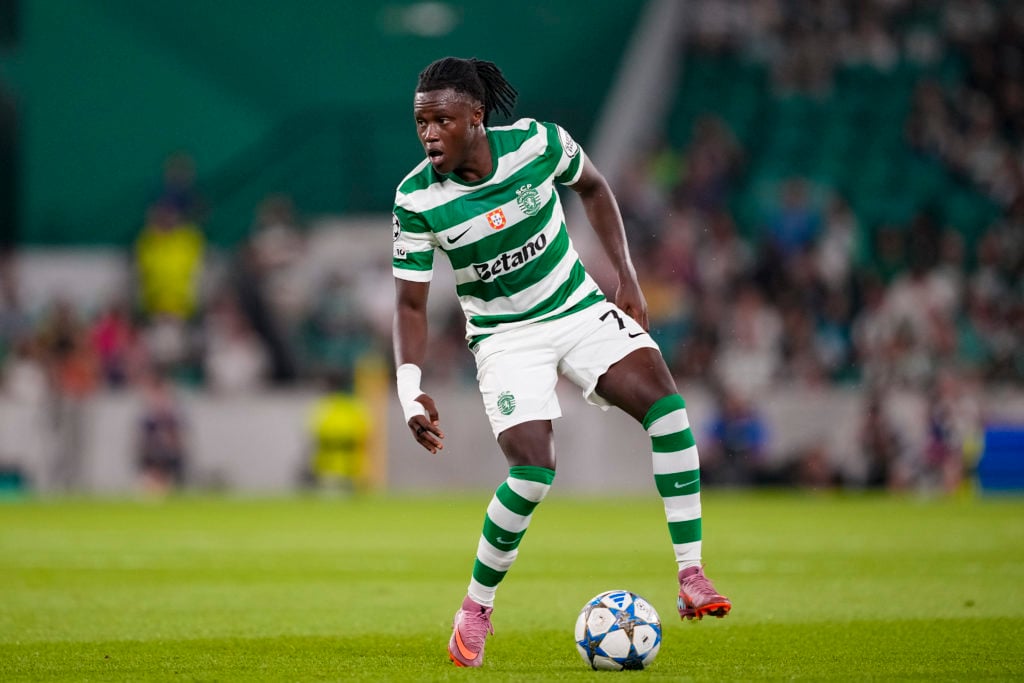Geovany Quenda dribbling for Sporting CP against Kairat Almaty in the Champions League.