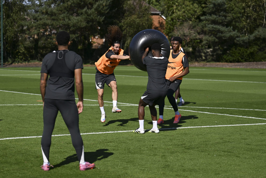Several Chelsea players involved in a group training session at Cobham.