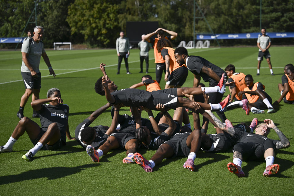 The Chelsea squad taking part in a group training session at Cobham.
