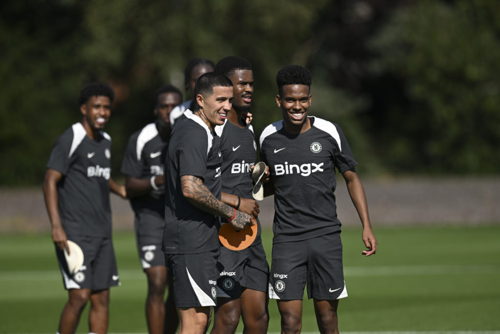 Enzo Fernandez, Jorrel Hato and Estevao Willian in Chelsea training