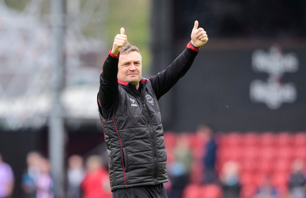 Lincoln City manager Michael Skubala giving the thumbs up