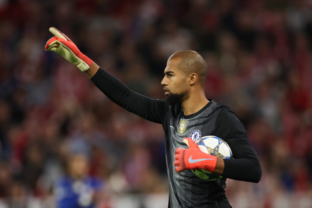 Chelsea goalkeeper Robert Sanchez holding the ball during the Champions League match against Bayern Munich.