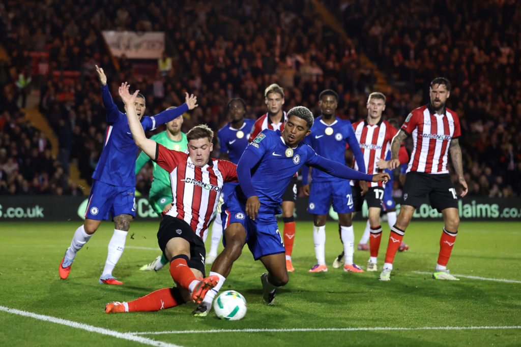 Chelsea star Wesley Fofana defending in his own box against Lincoln City in the Carabao Cup.