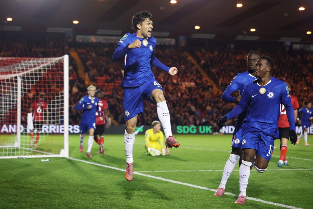 Facundo Buonanotte celebrates after scoring the winning goal for Chelsea against Lincoln City in the EFL Cup.