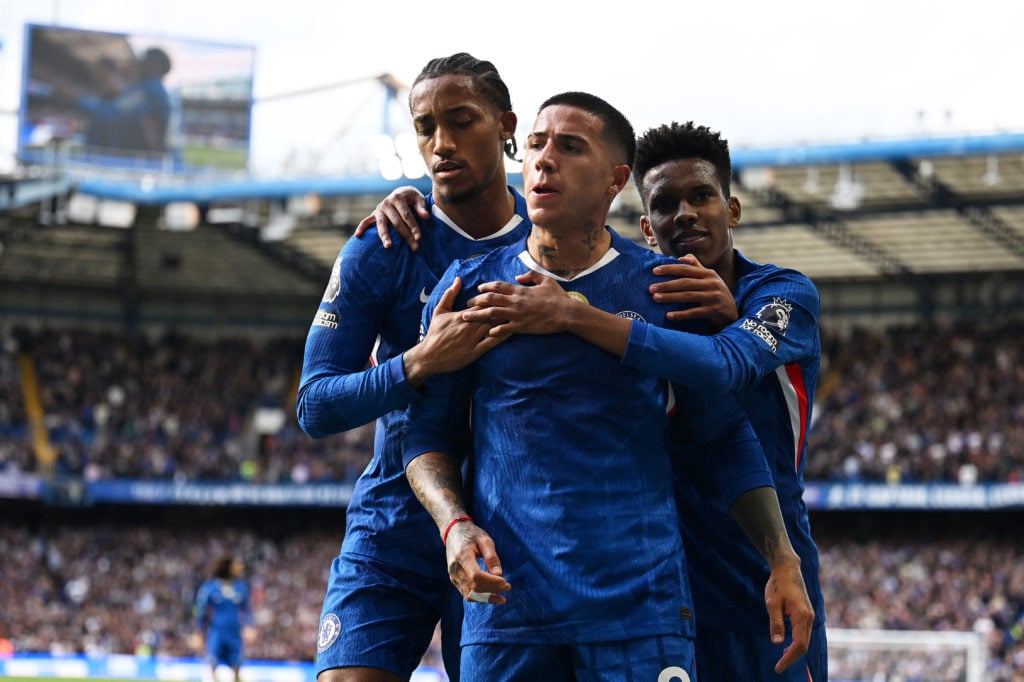 Enzo Fernandez celebrates with Joao Pedro and Estevao Willian after scoring for Chelsea against Brighton in the Premier League.