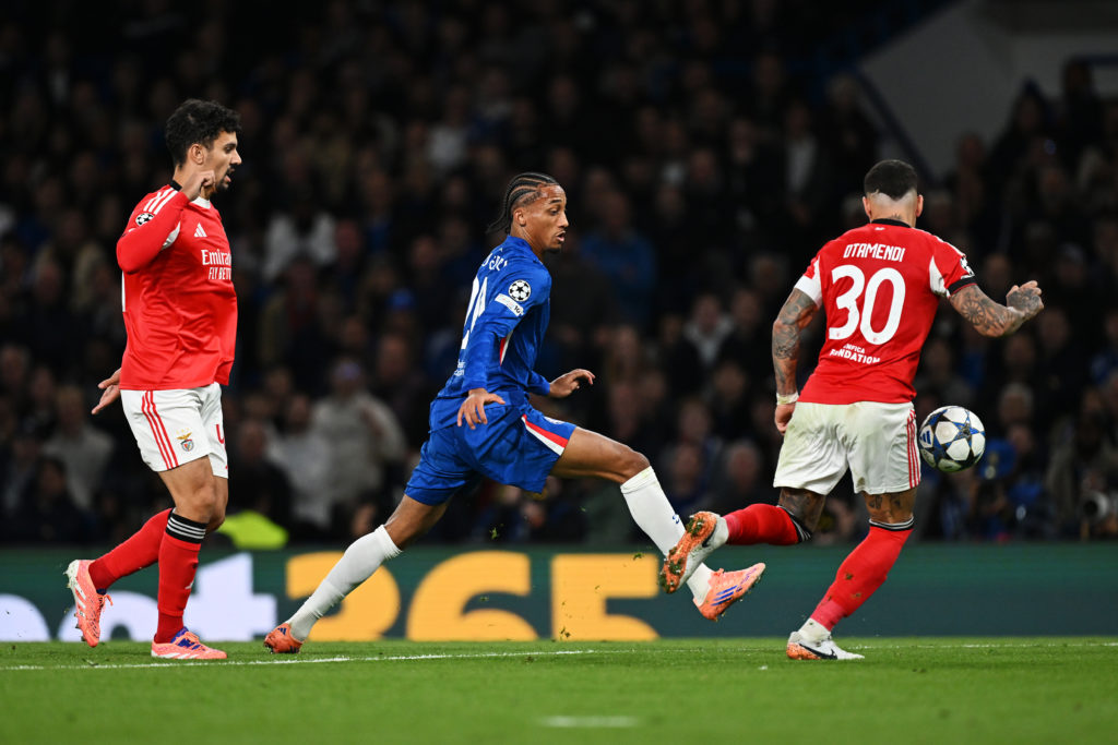 Benfica defender Nicolas Otamendi puts Chelsea striker Joao Pedro under pressure