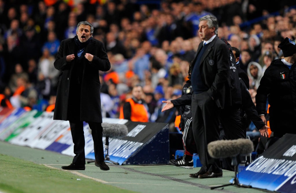 Jose Mourinho manager / head coach of Inter Milan and Carlo Ancelotti the head coach / manager of Chelsea