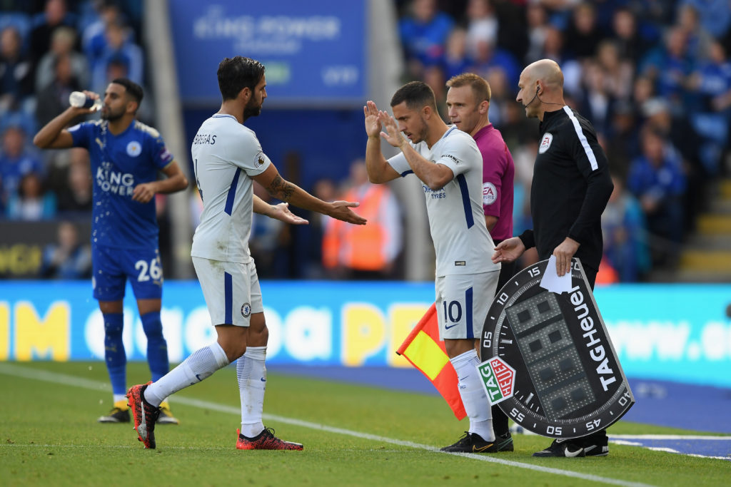 Eden Hazard of Chelsea comes on for Cesc Fabregas