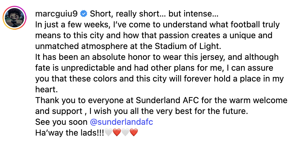 Marc Guiu's goodbye message to Sunderland fans on Instagram
