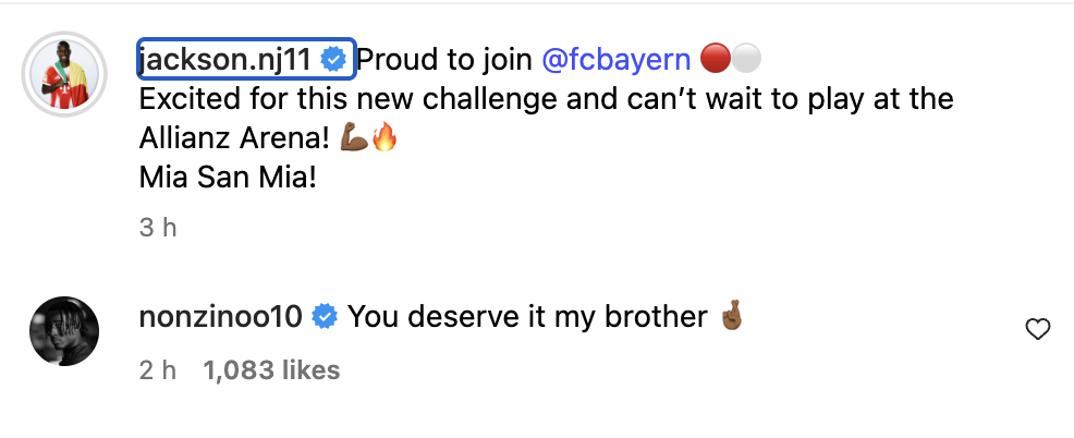Noni Madueke responds in the comment section to Nicolas Jackson's Instagram post after he joined Bayern Munich.
