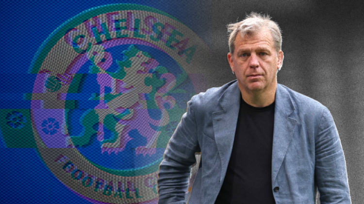 Todd Boehly with abstract Chelsea badge in the background