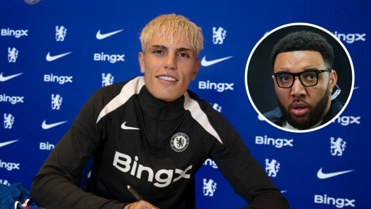 Alejandro Garnacho poses after officially signing permanently for Chelsea. Inset, Pundit Troy Deeney during a game between Newcastle and Arsenal.
