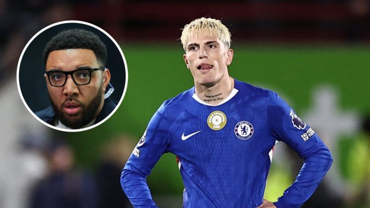 Alejandro Garnacho making his Chelsea debut against Brentford in the Premier League. Inset, pundit Troy Deeney during a Premier League game.