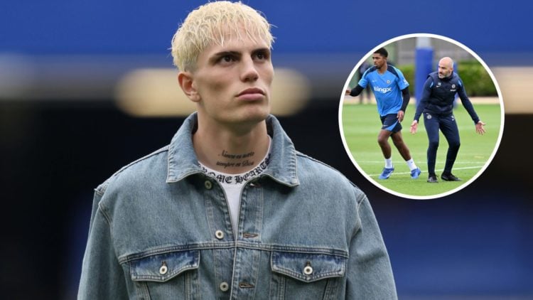 Alejandro Garnacho at Stamford Bridge after Chelsea against Fulham in the Premier League. Inset, Wesley Fofana and Enzo Maresca working in Chelsea ...
