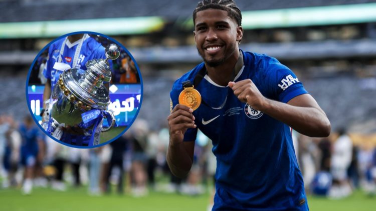 Andrey Santos of Chelsea FC poses with his medal after winning the Club World Cup, inset Al-Hilal Presented with the Saudi Pro League Trophy