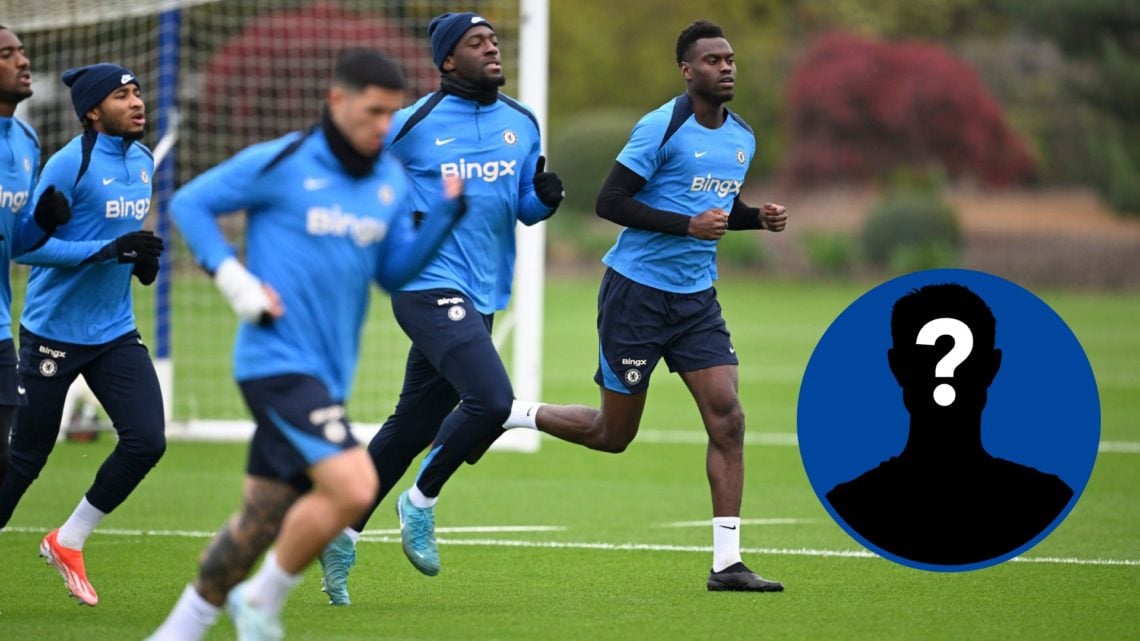 Axel Disasi and Benoit Badiashile of Chelsea during a training session, inset mystery player
