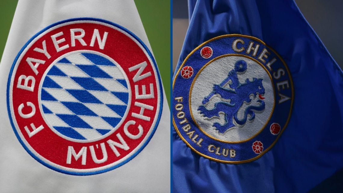 Split image - Bayern Munich corner flag and Chelsea corner flag