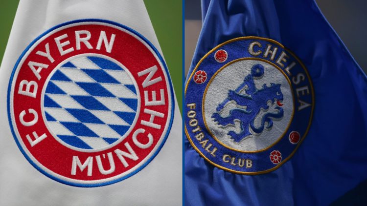 Split image - Bayern Munich corner flag and Chelsea corner flag