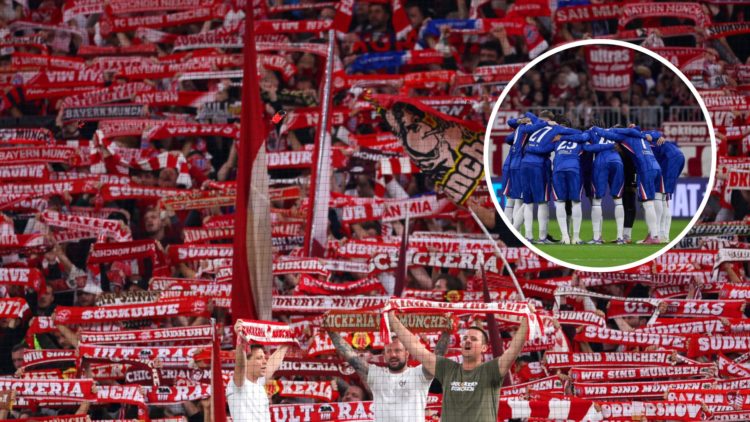 Bayern Munich fans creating atmosphere before the Champions League match against Chelsea. Inset, Chelsea's players in a huddle before facing Bayern...