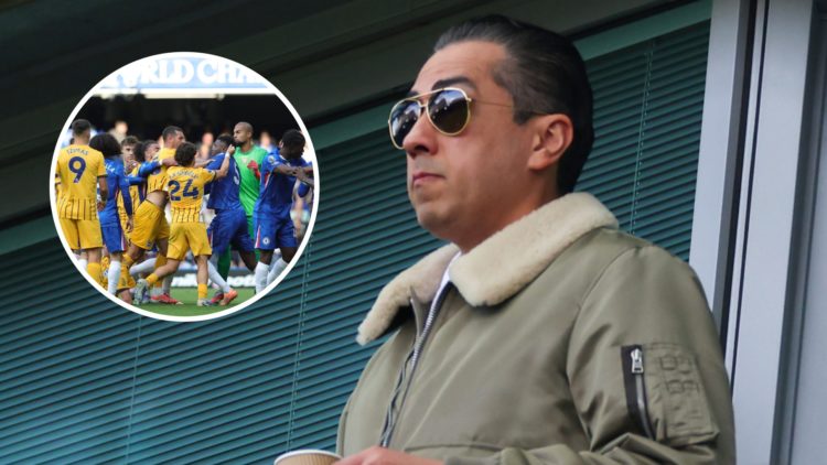 Behdad Eghbali looks on during Chelsea against Liverpool in the Premier League. Inset, Chelsea and Brighton players confront each other during the ...