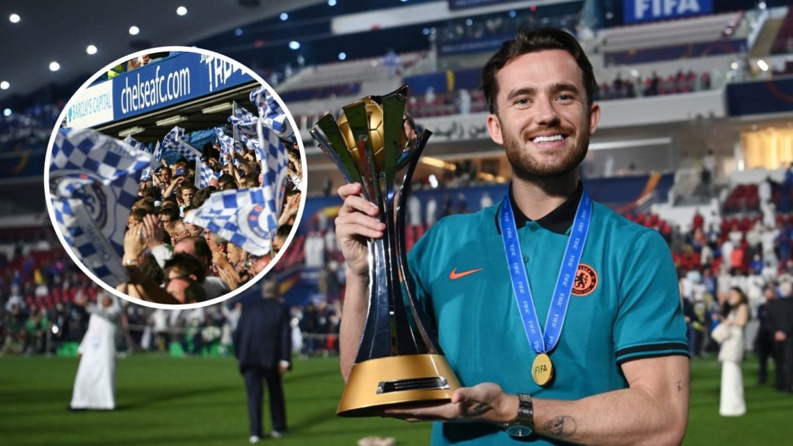 Ben Chilwell holding the Club World Cup trophy after Chelsea win the 2021 final. Inset, Chelsea fans with flags during a Premier League match.